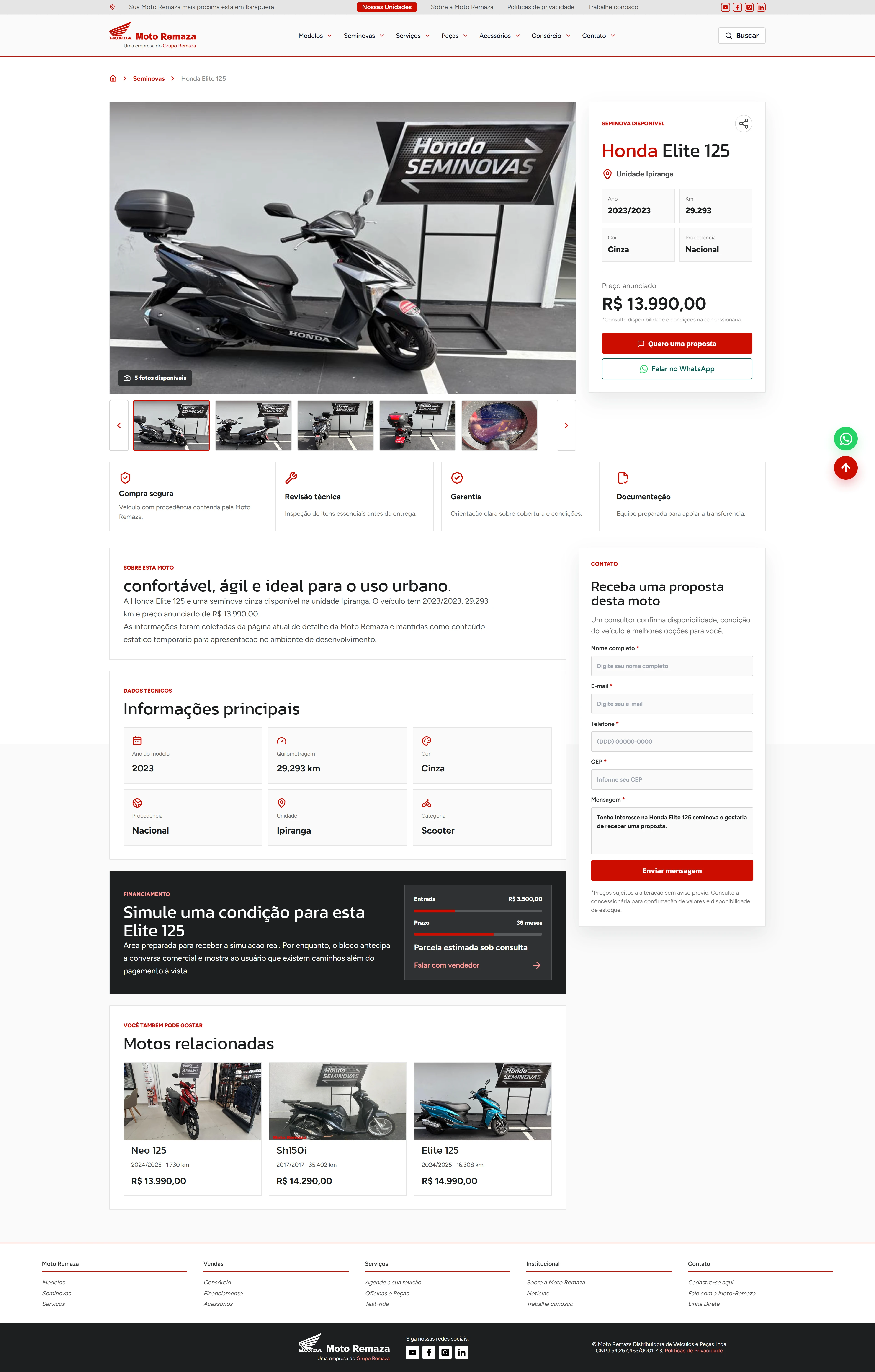 Página de detalhes de uma moto seminova no site Moto Remaza